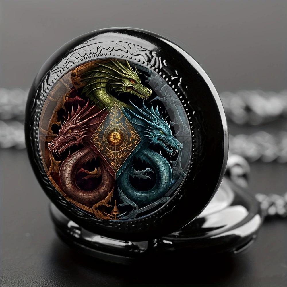 Retro Golden And Silvery Double Dragon Quartz Pocket Watch