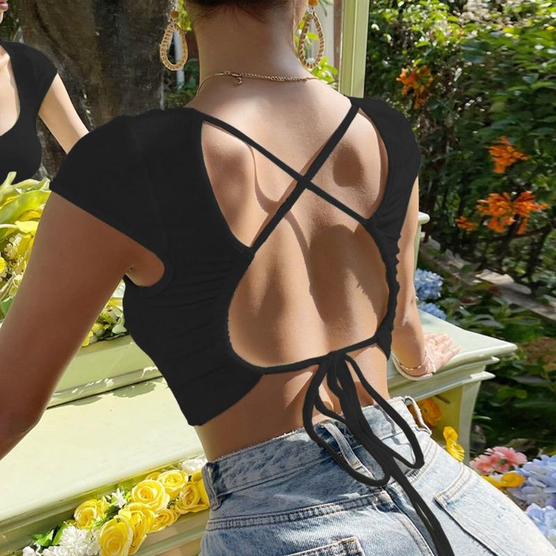 Ladies Summer V-neck Backless Sexy Short Sleeve T-shirt