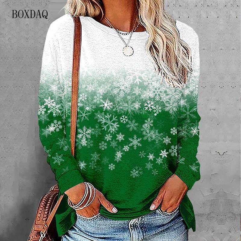 3D Snowflakes Pattern Print Women Gradient T-Shirts Long Sleeve Lady Street Hip Hop Tee 6XL Big Size Female Clothing Casual Tops