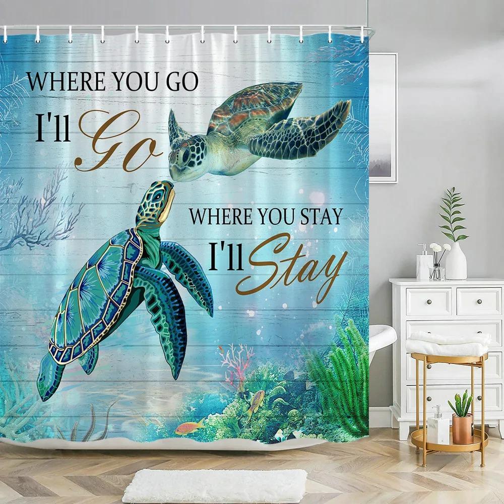 Blue Sea Turtle Shower Curtain Funny Ocean Animal Starfish Coral Tropical Fish Underwater Marine Life Curtains Bathroom Decor