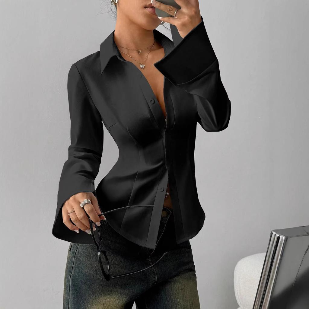 Camicia Casual da Pendolare da Donna, Vestibilità Aderente, Bottoni, Maniche Lunghe Svasate