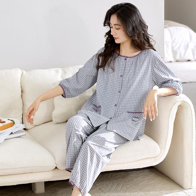 Pure Cotton Pajamas Women's Seven-quarter-sleeved Nine-point Pants Thin Cotton Summer Large-size Loungewear Set Spring and Autumn Cardigan