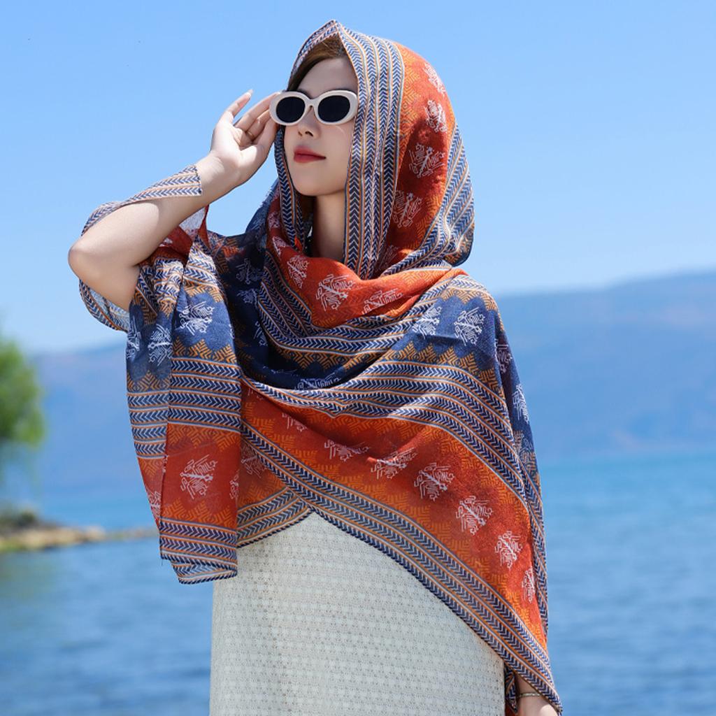 Ethnic style striped scarf women's summer sun protection disc buckle shawl Yunnan Qinghai grassland travel silk scarf seaside beach scarf