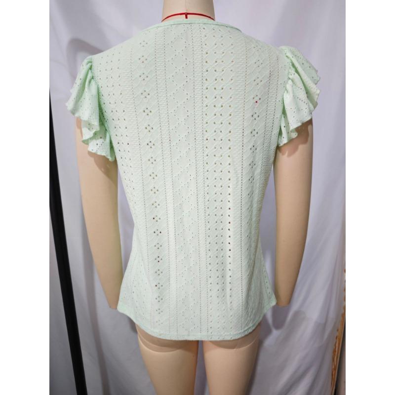 New Summer Jacquard V-neck Lace Blouse Women Solid Color Buttons T-shirt Short Sleeve Casual Top Fashion Woman Sweet Simple Elegant Shirts Loose