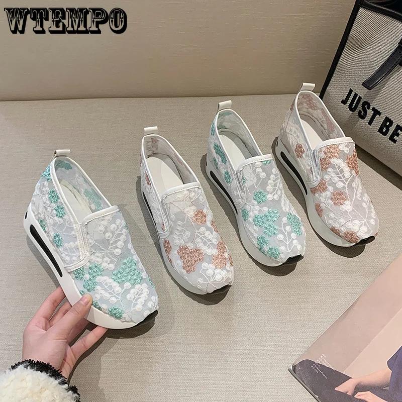 WTEMPO Big Size Womens Fashion Footwear Floral Embroidery Mesh Sneakers Ladies Slip on Comfy Heeled Shoes Wholesale Dropshipping