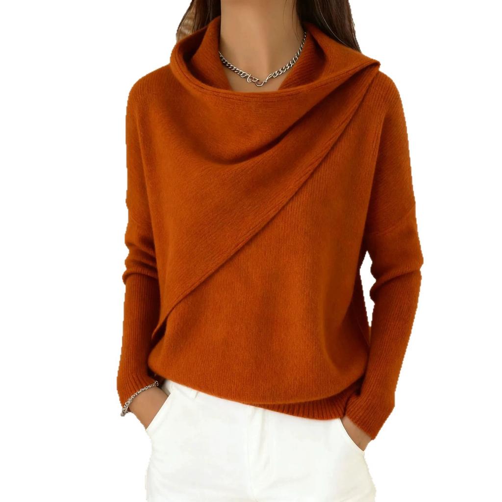 Women Cowl Neck Wrap Sweater Asymmetric Draped Long Sleeve Solid Color Loose Elegant Ladies Autumn Winter Knit Pullover