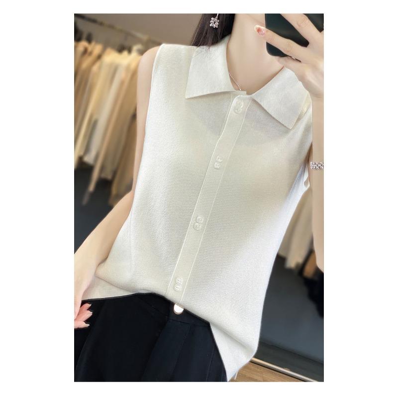 Sommer Weste Weste Damen POLO Kragen Ärmellos Strickjacke Top Unterhemd Dünne Strickweste
