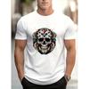 European sizes Vintage Mexican Sugar Skull Rose Print Men's Round Neck Short Sleeve T-Shirt, Street Style Knit Casual Versatile Tee