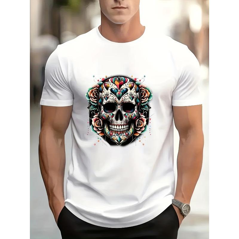 European sizes Vintage Mexican Sugar Skull Rose Print Men's Round Neck Short Sleeve T-Shirt, Street Style Knit Casual Versatile Tee