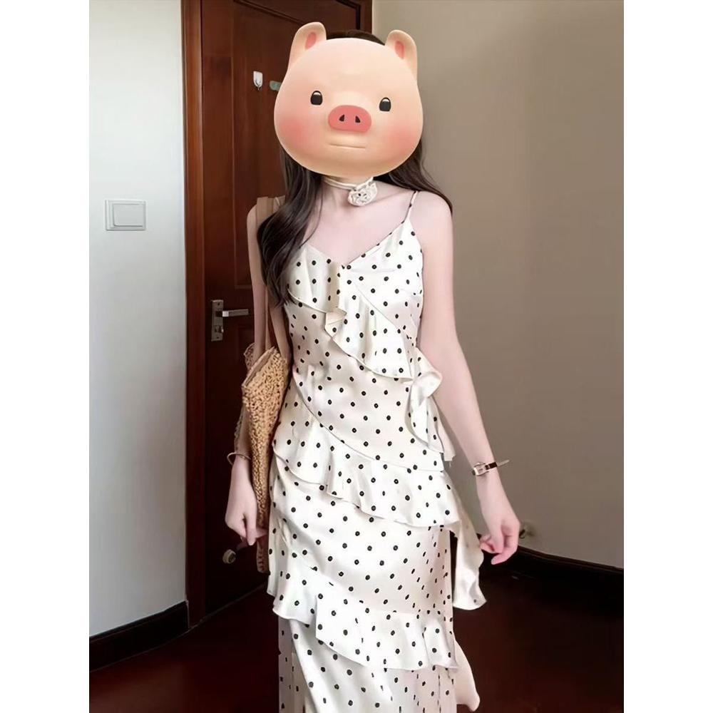 College style polka dot suspender dress for women's casual women's spring new waist and thin French lotus leaf edge long skirt