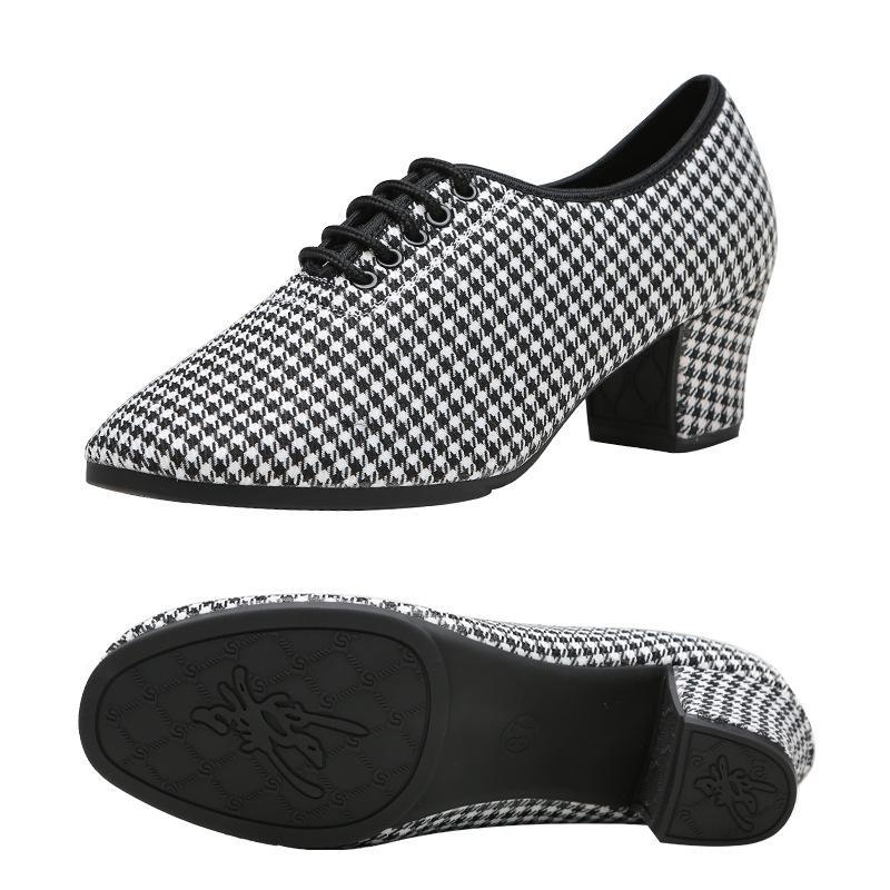 Adult Mid-Heel Soft Sole Dance Shoes: Houndstooth Pattern for Ballroom, Modern, Latin, and Cha-Cha Performances