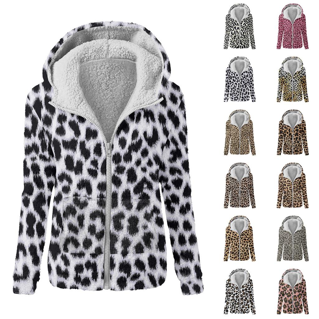 Women's Fashion Printing Sweatshirt Loose Hooded Plush Zip Up Jacket Top