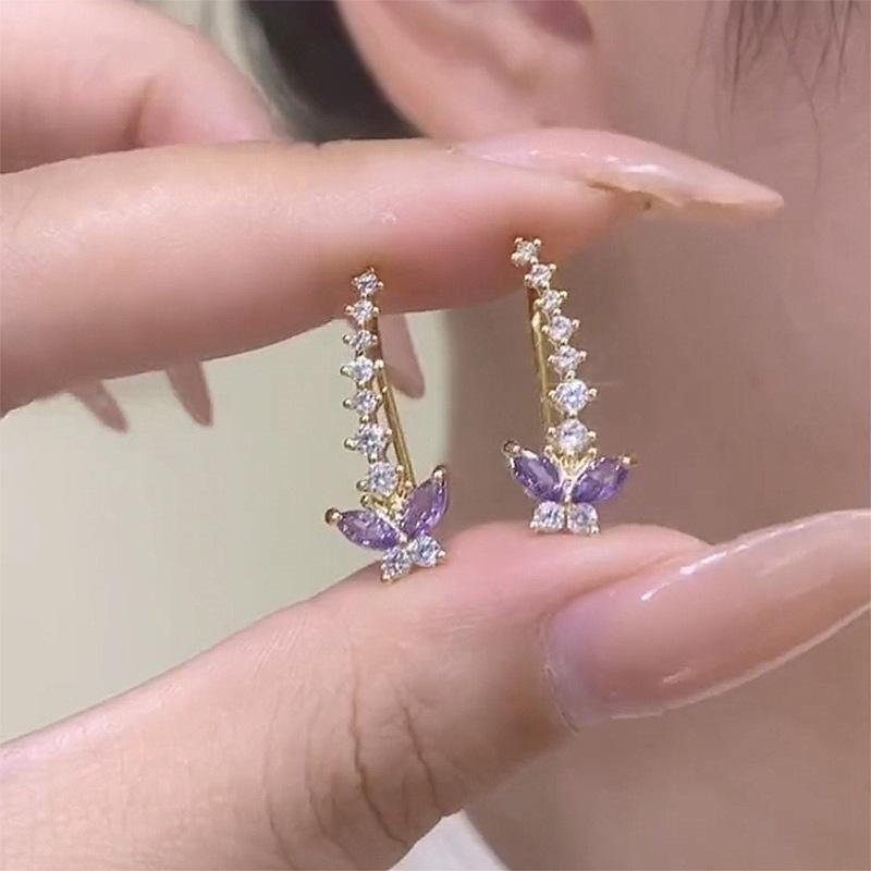 Super fairy purple zircon butterfly ear row earrings female, niche design sense exquisite versatile stud earrings Internet celebrity earrings