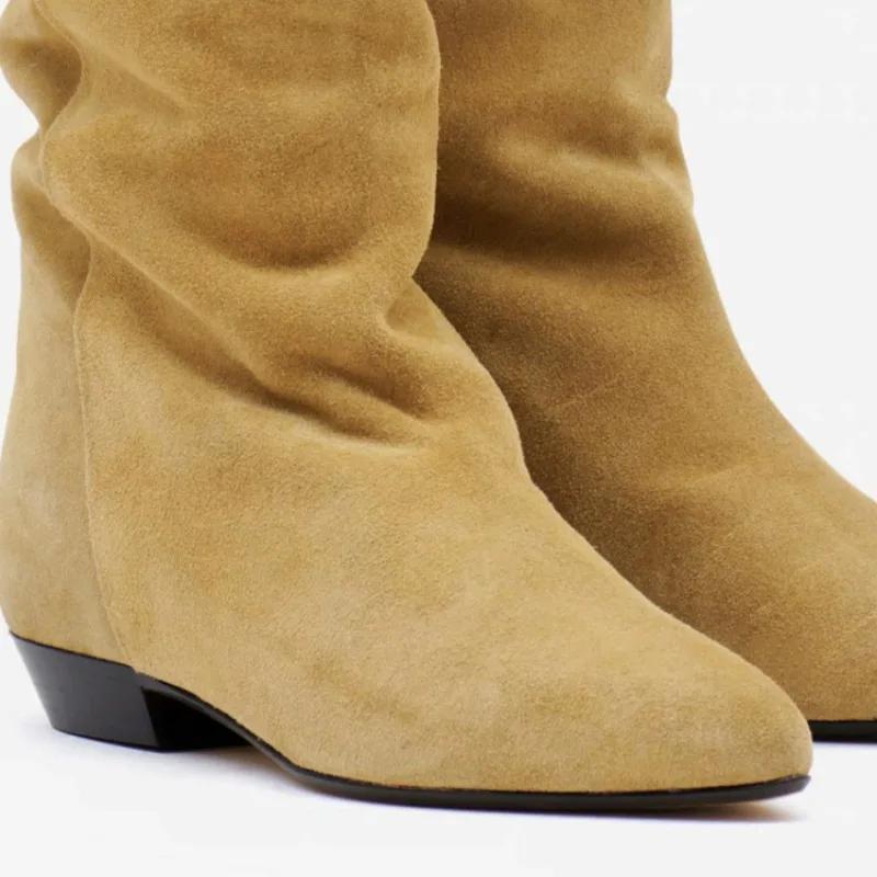 Fashion New Fashion Black Lazy Pleated Cow Suede Ankle Boots Autumn Winter Round Head Low-heel Short Plush Warm Women Boot Size 34-43