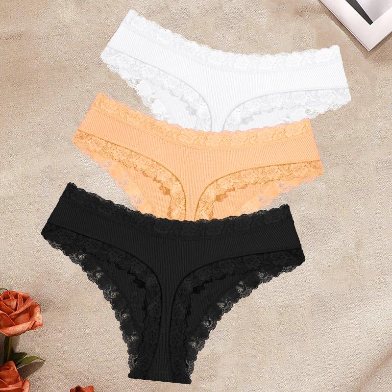 FINETOO 3Pcs/Set Women's Cotton Lace Thongs Underwear Seamless Low Waist Ribbed Breathable Panties Female Soft Comfortable Sexy Lingerie