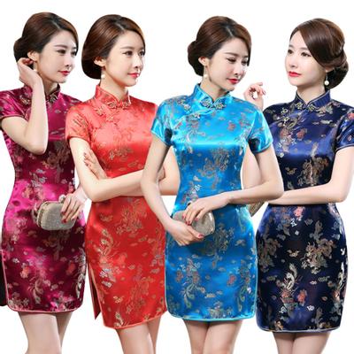 Damen-Minikleid mit chinesischem Drachen- und Phoenix-Stickerei, Stehkragen, kurzen Ärmeln und Schlitz