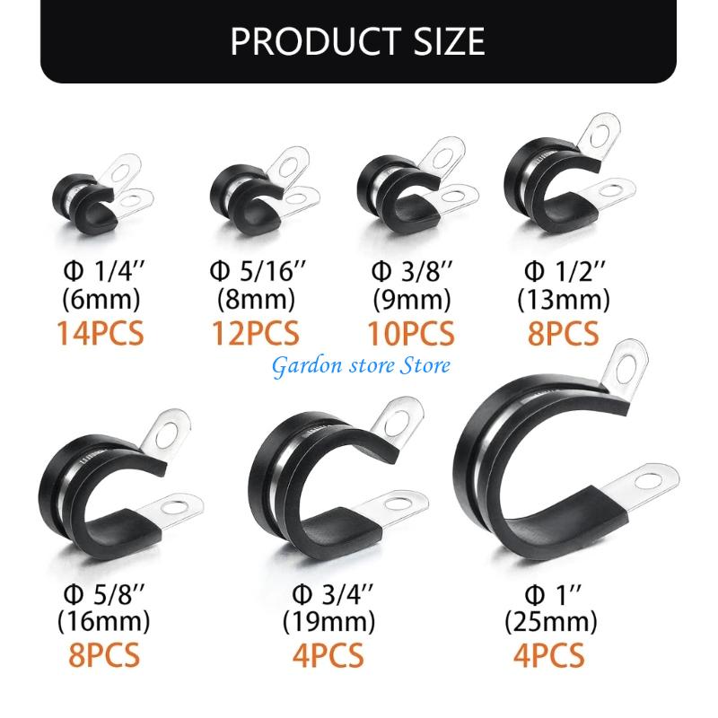 B0KB Practical 60Pcs Set of Rubber Coated Stainlesses Steel Clamps for Tube and Wire Installation with Tapping Screws