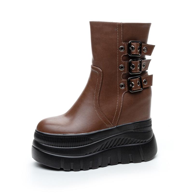 Super high heel thick-soled medium tube women's leather boots, new solid color belt buckle in autumn and winter 2025, heightening short boots tide