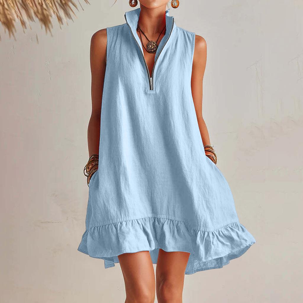 Women's Sleeveless V Neck Zip Front Summer Dress Loose Fit Ruffle Hem Casual Lightweight Linen Mini Dress