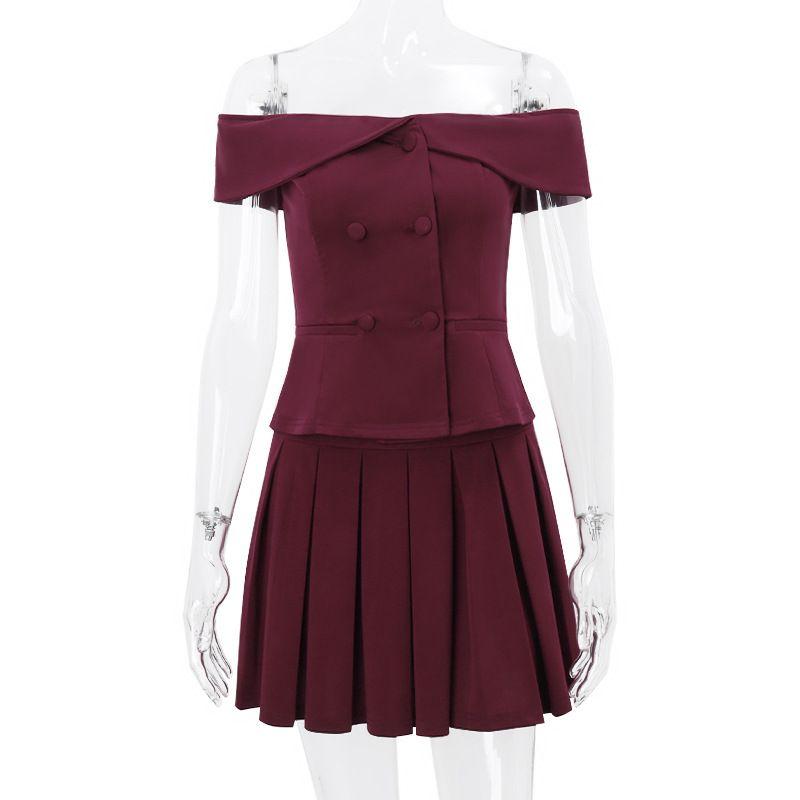 

Fashion Style Ins New Arrival Fashion Pure Double-Breasted off-Shoulder Open Back Tops Sexy Pleated Skirt Suit Skirt Red S
