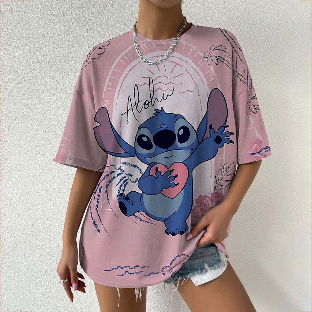 Kawaii Women's T-shirt Disney Lilo&Stitch Casual Y2k T-shirt Round Neck Short Sleeved T-shirt 2025 Summer Women's Clothing
