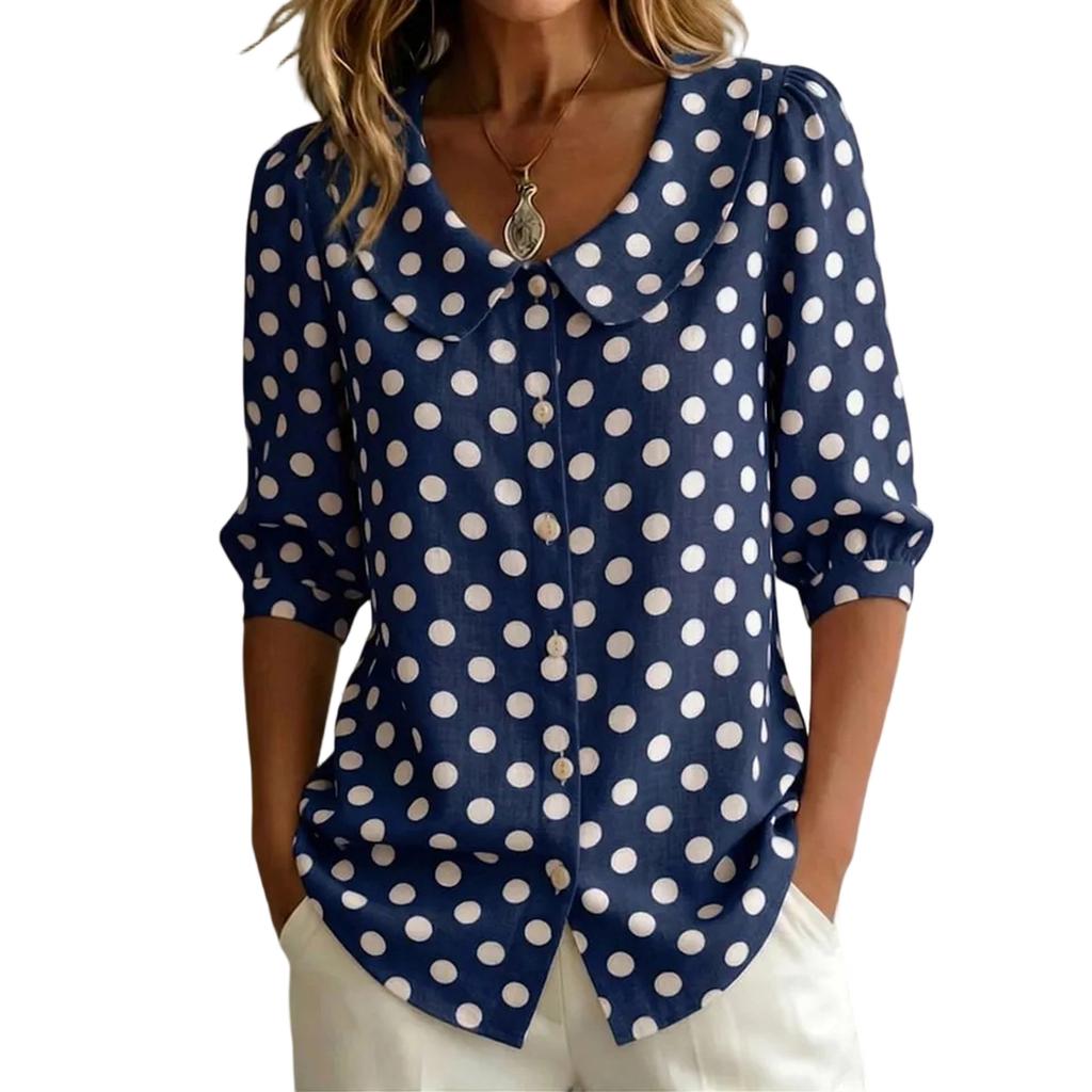 Womens Casual Loose Fit Polka Dot V Neck Blouse with Long Sleeves Button Down Design and Collar for Everyday Wear