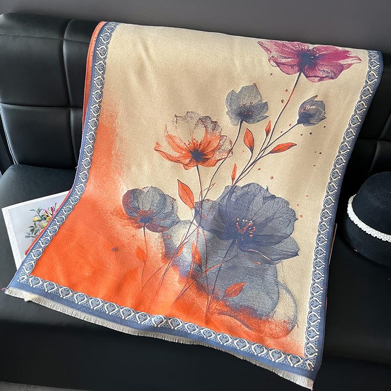 Autumn and winter Chinese style imitation cashmere lotus scarf women's office air conditioner shawl dual-purpose thickened warm scarf