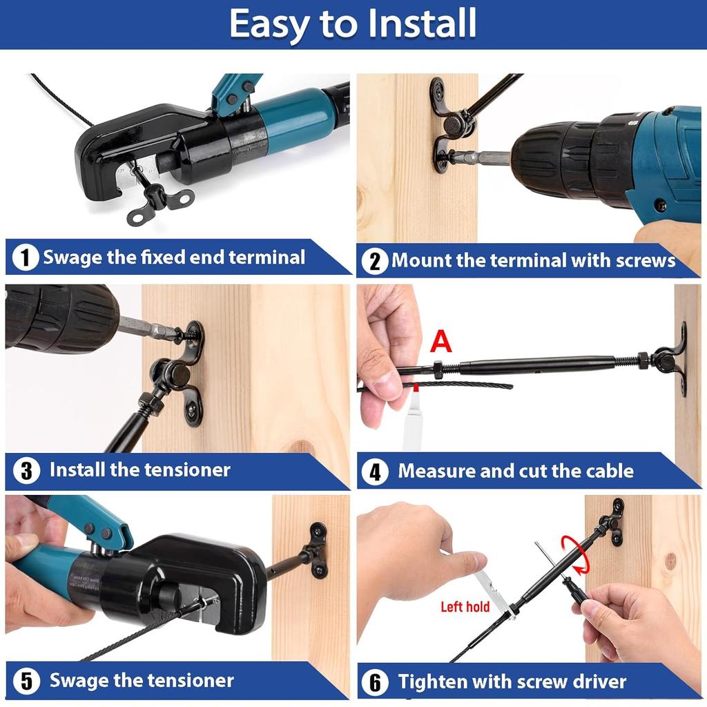 Black Cable Railing Kit, T316 Stainless Steel 1/8” Swage Toggle Turnbuckle Hardware for Wood Posts, Stair Deck Cable Railing System,