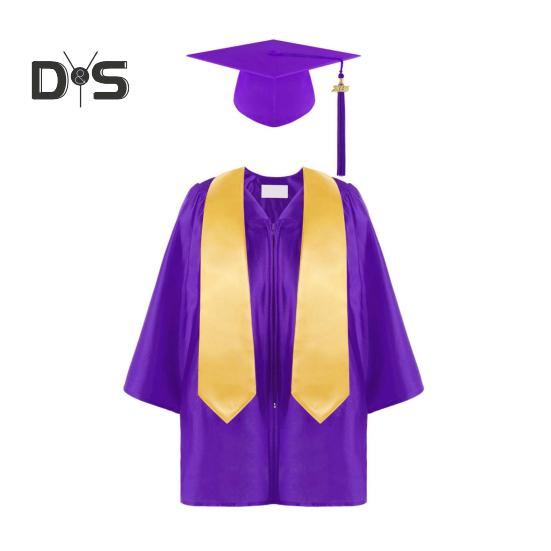 

3 шт./комплект, детская выпускная форма для детского сада с кисточкой, шапочкой и шалью, V-образным вырезом, длиной до икры, длинными рукавами, застежкой-молнией, начальный выпускной халат 33 фиолетовый