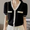 Women Sweaters Pullovers 2025 Summer Short Sleeve V-Neck White Black Knitted Sweater Women Tops Pullover JJ296