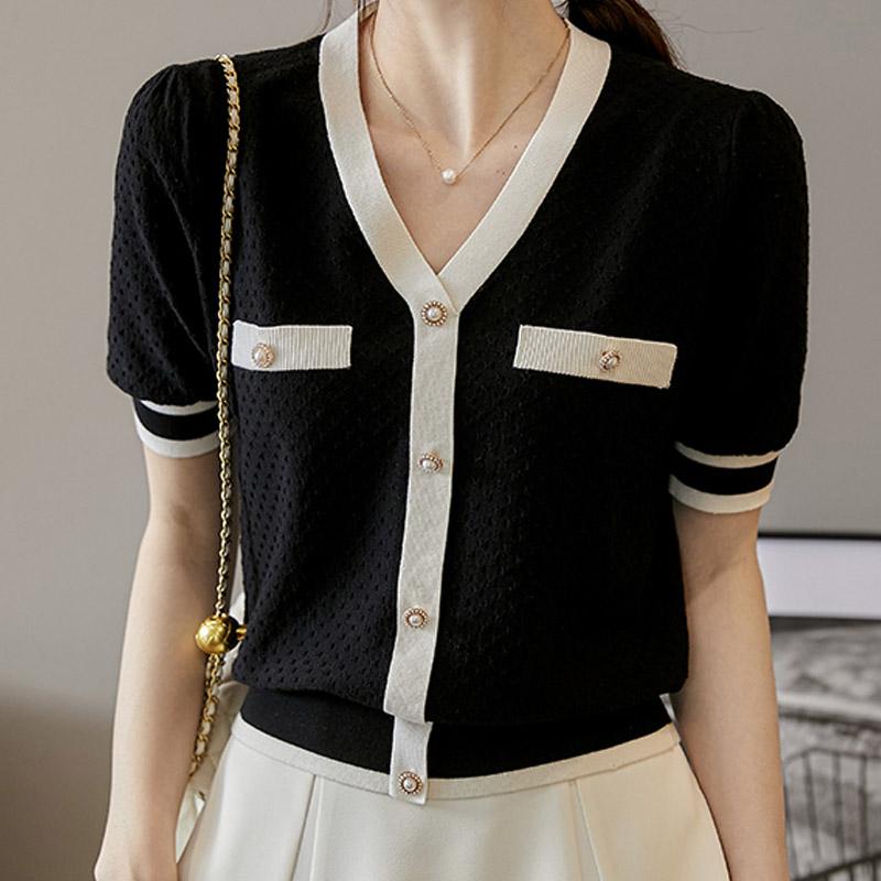Women Sweaters Pullovers 2025 Summer Short Sleeve V-Neck White Black Knitted Sweater Women Tops Pullover JJ296