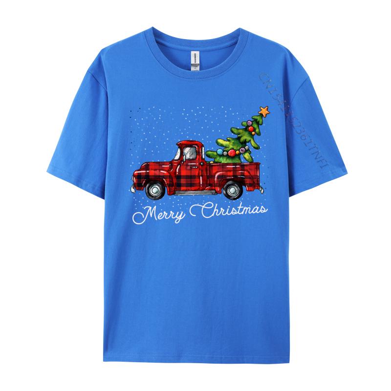 Crafty Merry Christmas Tree On Red Plaid Pickup T-Shirt Men Round-Neck Camisas Casual Tshirt Soft Cotton Fit Tee