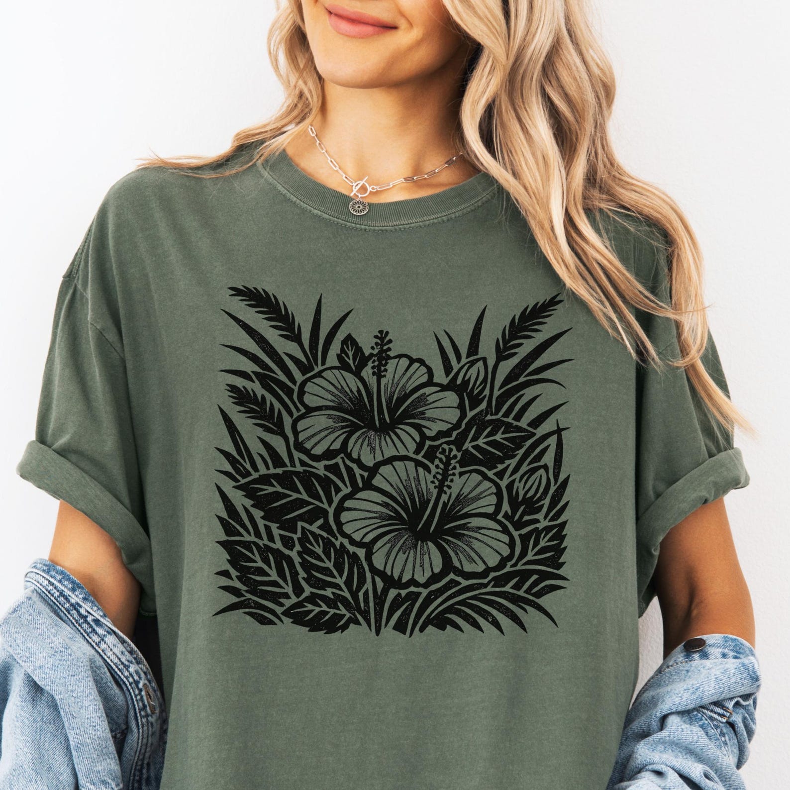 Hibiscus Floral T-shirt | Vintage Tropical Flower Block Print | Hibiscus Linocut Shirt | Comfort Colors® Relaxed Fit T-shirt M