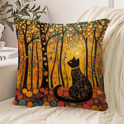 1pc, Short Plush Decorative Pillowcase, Gustav Klimt Style Autumn Forest Cat Pillowcase, Single-Sided Printing, Suitable for Sofa, Living Room, Bedroo