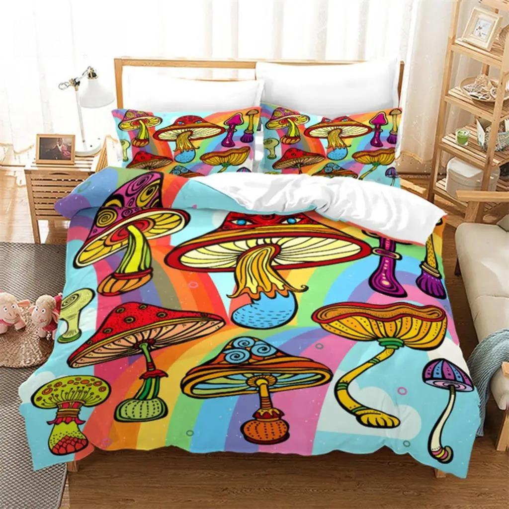 Mushroom Duvet Cover Colorful Cute Cartoon Bedding Set Twin Full King For Teen Boys Girl Kids Kawaii Botanical Plant Quilt Cover
