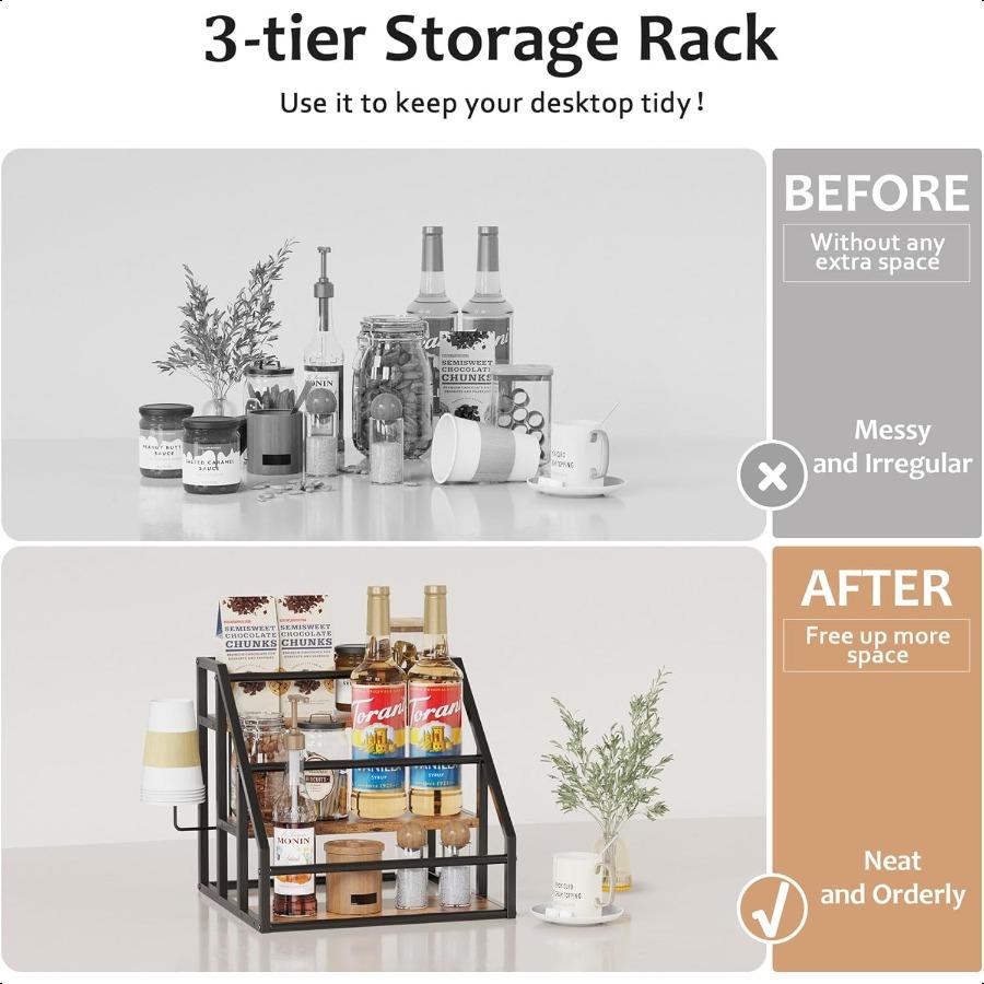 Spice Rack Organizer 3 Tier Countertop Storage Shelves Kitchen Storage Syrup Bottle Stand Holder for Wine Liquor Kitchen Coffee