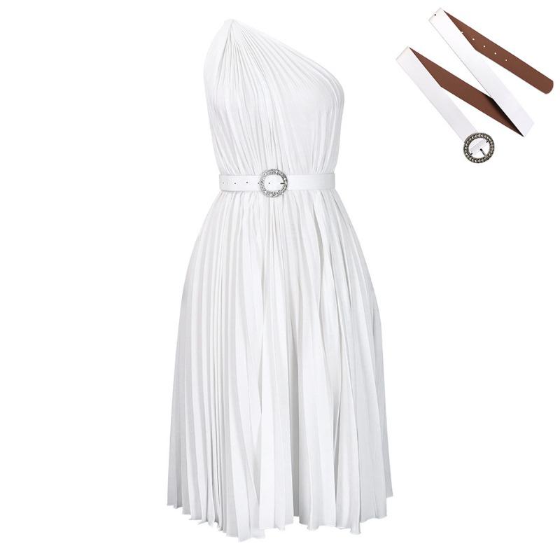 With belt women's clothing new fashion temperament slanted shoulder solid color pleated large skirt