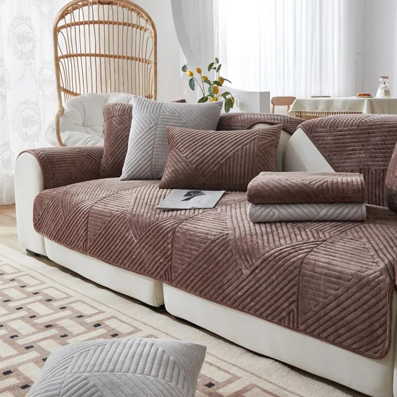 Tykk plysj Sofatrekk Geometriske Striper Sofa Håndkle Anti-skli Kombinasjon Sofa Pute Sliptrekk for stuebeskyttelse