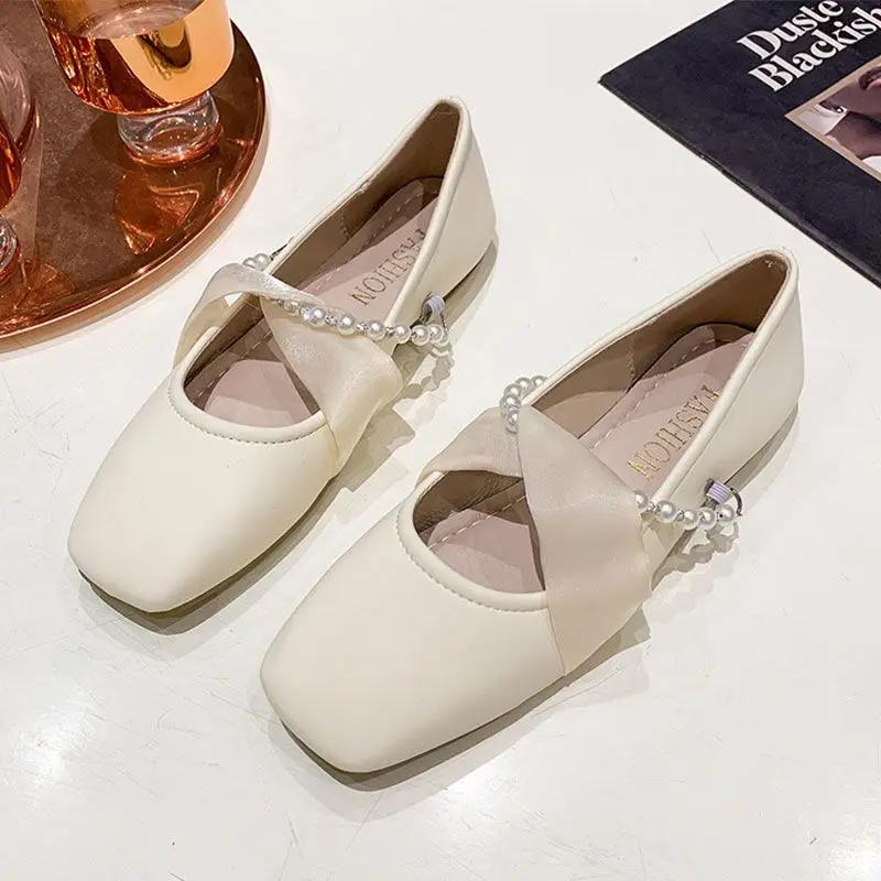 Fashion Square Toe Pink Pearl Ladies Footwear Comfortable and Elegant Stylish On Promotion Low Price Casual 39 Sale Women's Flat Shoes