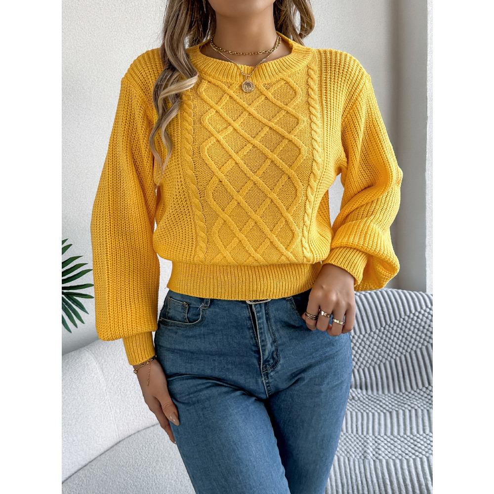 Women's Oversized Relaxed-Fit Solid-Colour Cable-Knit Long-Sleeved Tapered-Waist Pullover Sweater for Autumn/Winter Women's Knitted Sweater