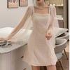 2026 new women's clothing chic small fragrant temperament medium and long mesh splicing long sleeves waist and thin dress women