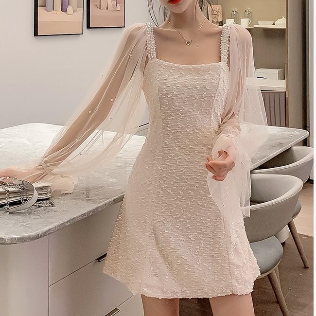 2026 new women's clothing chic small fragrant temperament medium and long mesh splicing long sleeves waist and thin dress women