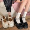 White bow platform thick heel small leather shoes women's round head high heel Mary Jane shoes