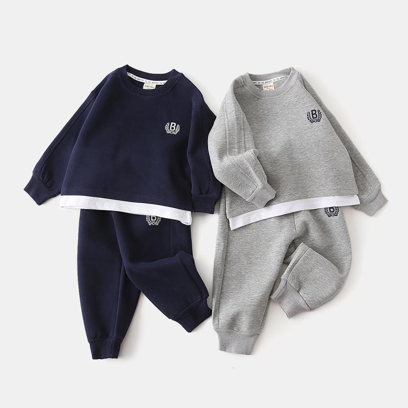 Trendy Korean 2025 Boys' 2-Piece Sweatshirt & Sweatpants Set - Fake Layered Sportswear