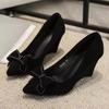 Fashion FHC 2025 New 8CM High Hlees,Women Pumps,Sexy Rhinestone Pearls Wedges Shoes,Bowtie Pointed Toe,Slip On,Size 35-43,Black,Dropship