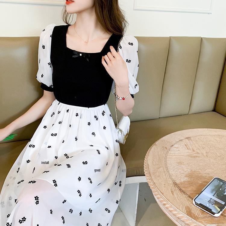 

2024 French Retro Waist-Slimming Chiffon Floral Dress M