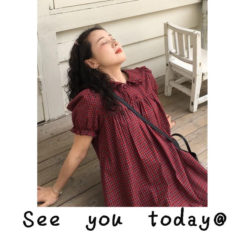 Korean Retro Burgundy Sweet Girly Plaid Doll Collar Dress Summer French Preppy Style Plaid Top S красный