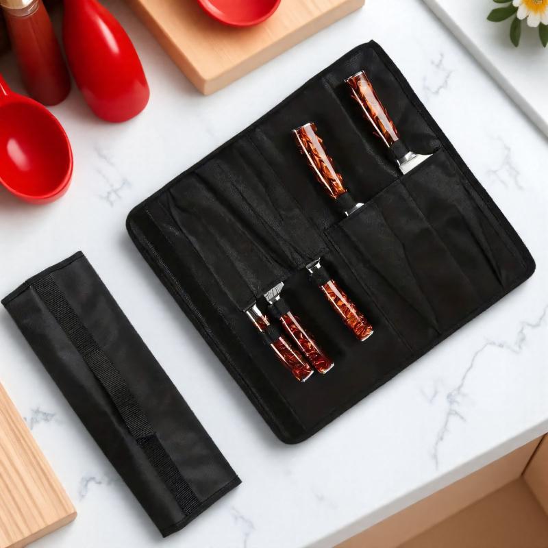 Black Chef Knife Roll Bag 5 Pockets Carry Case Portable Oxford Kitchen Cooking Knives Storage Bags Durable Knife Carrying Punch