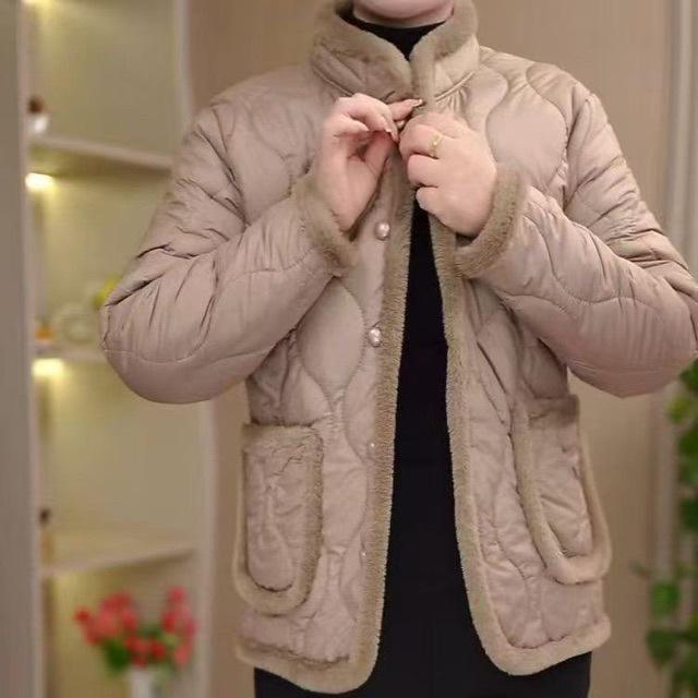 Stylish Women's Winter Cotton Jacket with Velvet Lining - Warm Casual Outerwear for Middle-Aged and Elderly