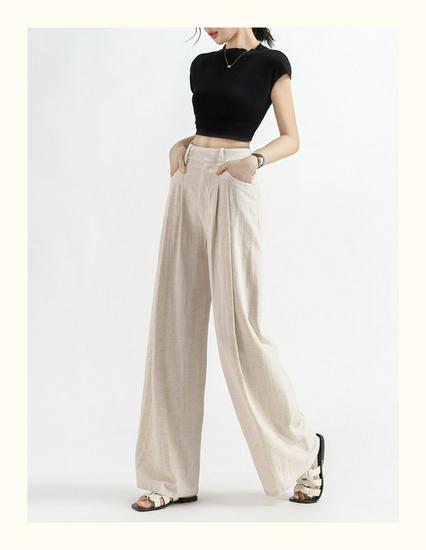 Women's High-Waisted Wide-Leg Linen Pants - Summer 2026 Collection, Loose Fit, Tencel Cotton Blend, Floor-Length